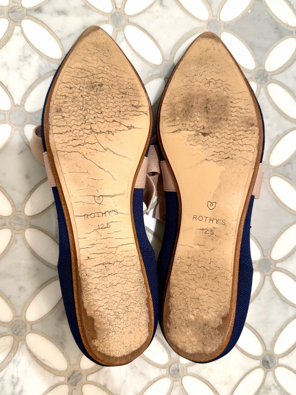Rothy's The Mary Jane Pointed Toe Flat Sapphire Blue Tan Bow Size 12.5 - Picture 8 of 11